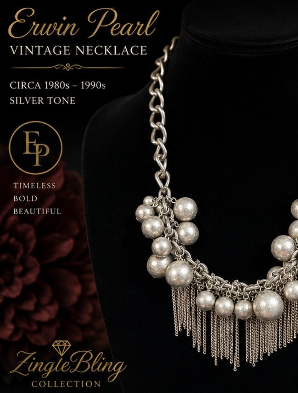 Vintage Erwin Pearl Silver Tone Chain Fringe Statement Bib Necklace